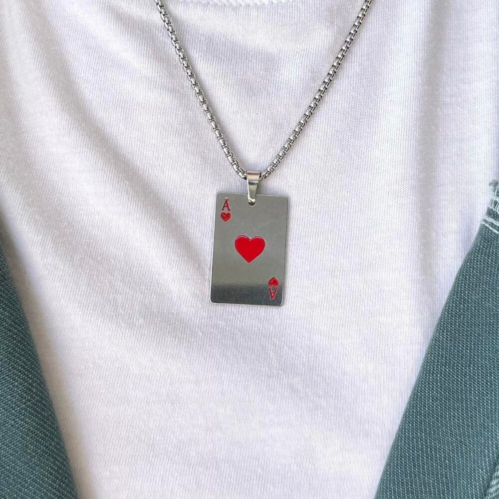 Y2K Silver Red Ace of Hearts Necklace Gothic Punk Pendant Unisex Statement New - Picture 2 of 7